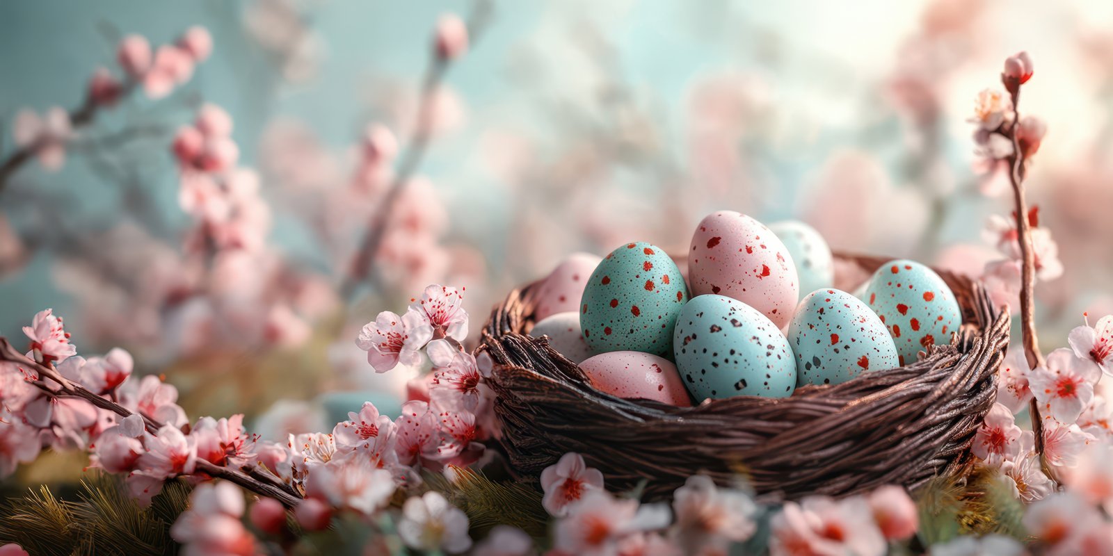 Colorful Easter eggs nestled in a handmade nest surrounded by blossoming cherry flowers during springtime